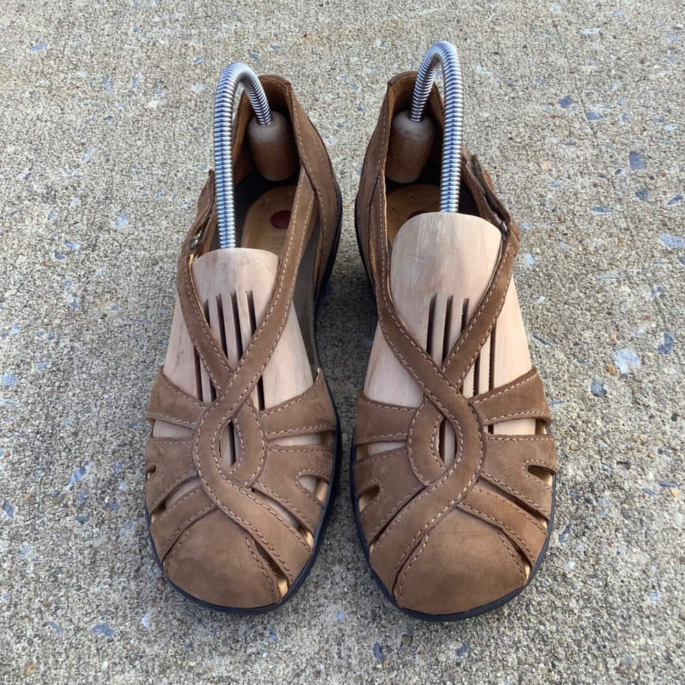 Clarks Structured Brown Leather Fisherman Sandals Women 9M 86340 Slingback Wedge
